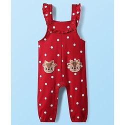 Babyhug Interlock Knit Full Sleeves T-Shirt & Dungaree With Polka Dots & Reindeer Print - White & Red