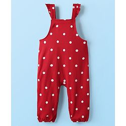 Babyhug Interlock Knit Full Sleeves T-Shirt & Dungaree With Polka Dots & Reindeer Print - White & Red