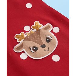 Babyhug Interlock Knit Full Sleeves T-Shirt & Dungaree With Polka Dots & Reindeer Print - White & Red