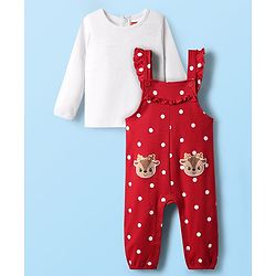 Babyhug Interlock Knit Full Sleeves T-Shirt & Dungaree With Polka Dots & Reindeer Print - White & Red