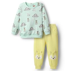 Babyhug Interlock Knit Full Sleeves Top & Pant Set With Animal Print - Light Blue & Yellow