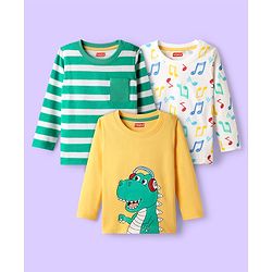 Babyhug 100 % Cotton Knit Full Sleeves T-Shirts & Dino Print Pack of 3 - Yellow Light Green & White