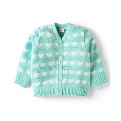 Babyhug Knit Full Sleeves Front Open Sweater With Hearts Design -Aqua Blue
