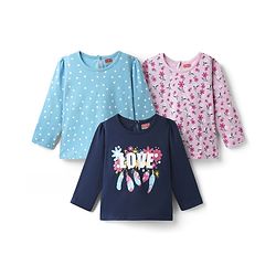 Babyhug 100% Cotton Knit Full Sleeves T-Shirts with Hearts & Floral Print Pack of 3 - Pink Light & Navy Blue