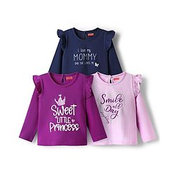 Babyhug 100% Cotton Knit Full Sleeves T-Shirts with Text Print Pack of 3 - Pink Navy Blue & Purple