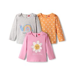 Babyhug 100% Cotton Knit Full Sleeves T-Shirts with Floral & Polka Dots Print Pack of 3 - Grey Pink & Orange