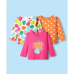 Babyhug 100% Cotton Knit Full Sleeves T-Shirts with Strawberry & Polka Dots Print Pack of 3 - White Pink & Orange