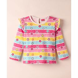 Babyhug 100% Cotton Knit Full Sleeves Striped T-Shirts with Star Polka Dots & Rainbow Print Pack of 3 - Pink Yellow & White