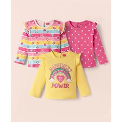Babyhug 100% Cotton Knit Full Sleeves Striped T-Shirts with Star Polka Dots & Rainbow Print Pack of 3 - Pink Yellow & White