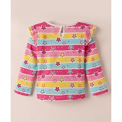 Babyhug 100% Cotton Knit Full Sleeves Striped T-Shirts with Star Polka Dots & Rainbow Print Pack of 3 - Pink Yellow & White
