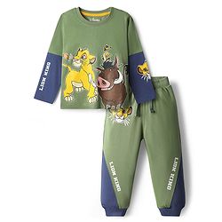 Babyhug Disney Single Jersey Knit Full Sleeve T-Shirts & Jogger with Lion King Graphic & Cut & Sew Design - Green & Blue
