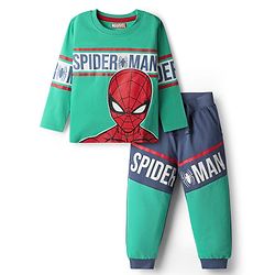 Babyhug Marvel Single Jersey Knit Full Sleeves Cut & sew T-Shirt & Jogger Set with Spider-Man Graphics - Green & Navy Blue