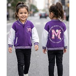 Babyhug Cotton Knit Full Sleeves Bomber Jacket With Text Print - Purple & White