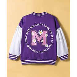 Babyhug Cotton Knit Full Sleeves Bomber Jacket With Text Print - Purple & White