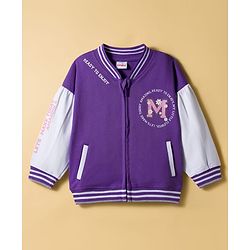 Babyhug Cotton Knit Full Sleeves Bomber Jacket With Text Print - Purple & White