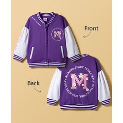 Babyhug Cotton Knit Full Sleeves Bomber Jacket With Text Print - Purple & White