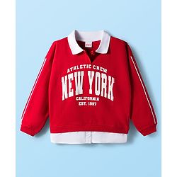 Babyhug Cotton Knit Full Sleeves Overlapped Sweatshirt With New York Print - Red