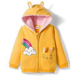 Babyhug Cotton Knit Full Sleeves Hooded Sweatjacket With Rainbow Graphics & Cat Embroidery - Yellow