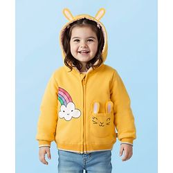 Babyhug Cotton Knit Full Sleeves Hooded Sweatjacket With Rainbow Graphics & Cat Embroidery - Yellow
