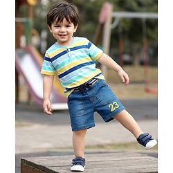Babyhug Denim Mid Thigh Shorts With Number Embriodery - Blue