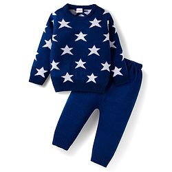 Babyhug Knit Full Sleeves Sweater Set with Star Design - Navy Blue