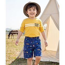 Babyhug Twill Woven Above Knee Length Bermuda With Stretch & Tree Print - Navy Blue