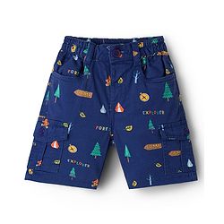 Babyhug Twill Woven Above Knee Length Bermuda With Stretch & Tree Print - Navy Blue