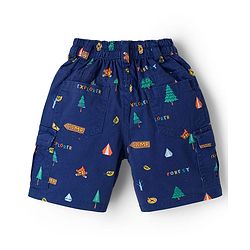 Babyhug Twill Woven Above Knee Length Bermuda With Stretch & Tree Print - Navy Blue