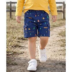 Babyhug Twill Woven Above Knee Length Bermuda With Stretch & Tree Print - Navy Blue
