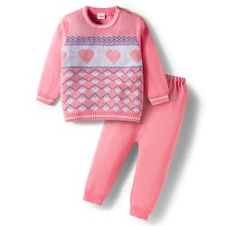 Babyhug Knitted Full Sleeves Sweater Set With Heart Design - Pink