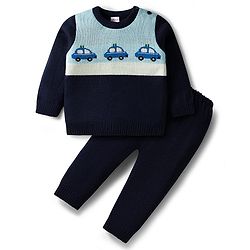 Babyhug Knit Full Sleeves Sweater Set with Police Car Print - Navy Blue