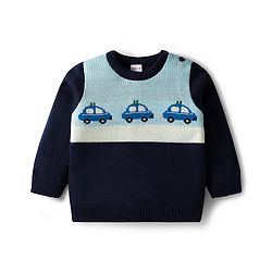 Babyhug Knit Full Sleeves Sweater Set with Police Car Print - Navy Blue