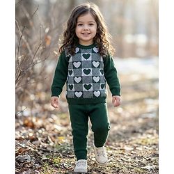 Babyhug Knit Full Sleeves Sweater Set With Heart Design - Green