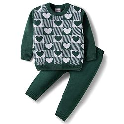 Babyhug Knit Full Sleeves Sweater Set With Heart Design - Green