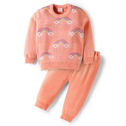 Babyhug Knit Full Sleeves Pullover Sweater Set With Rainbow Design - Multi Colour