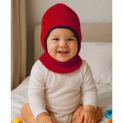Babyhug Knit Solid Color Woollen Reversible Monkey Cap Red - Diameter 13 cm