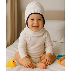 Babyhug Woollen Knit Solid Dyed Reversible Monkey Cap White & Black - Diameter 12 cm