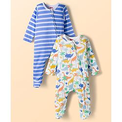 Babyhug Cotton Full Sleeves Sleepsuit With Dinosaur Print And Stripes Pack of 2 - Multicolor