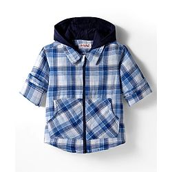 Babyhug Cotton Woven Full Sleeve Hooded Shirt with Kangaroo Pocket & Tartan Checks - Blue