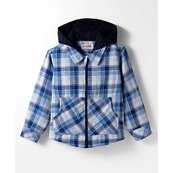 Babyhug Cotton Woven Full Sleeve Hooded Shirt with Kangaroo Pocket & Tartan Checks - Blue