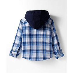 Babyhug Cotton Woven Full Sleeve Hooded Shirt with Kangaroo Pocket & Tartan Checks - Blue