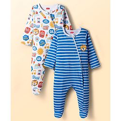 Babyhug Cotton Knit Full Sleeves Striped Sleepsuit With Animal Print Pack Of 2 - Multicolor