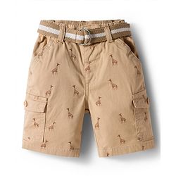 Babyhug Twill Woven Above Knee Length Bermuda With Belt & Animal Print - Beige