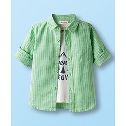 Babyhug Cotton Woven Full Sleeve Stripe Shirt With T-Shirt - Green