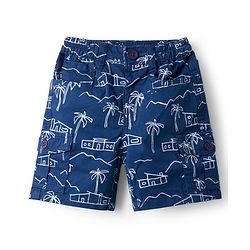 Babyhug Twill Woven Above Knee Length Bermuda With Stretch & Tree Print - Navy Blue