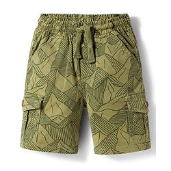 Babyhug Twill Woven Above Knee Length Bermuda With Mountain Print - Olive Green
