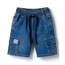 Babyhug Denim Above Knee Length With Stretch Washed Bermuda With Pockets & Lets Surf Text Patch - Blue