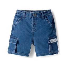 Babyhug Above Knee Length Washed Denim Bermuda With Stretch & Cargo Pockets - Blue