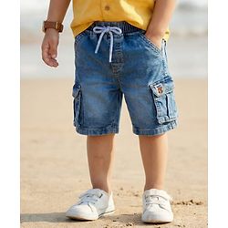 Babyhug Denim Knee Length With Stretch Washed Jamaican With Pockets & Dino Patch - Blue