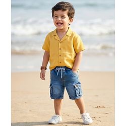 Babyhug Denim Knee Length With Stretch Washed Jamaican With Pockets & Dino Patch - Blue